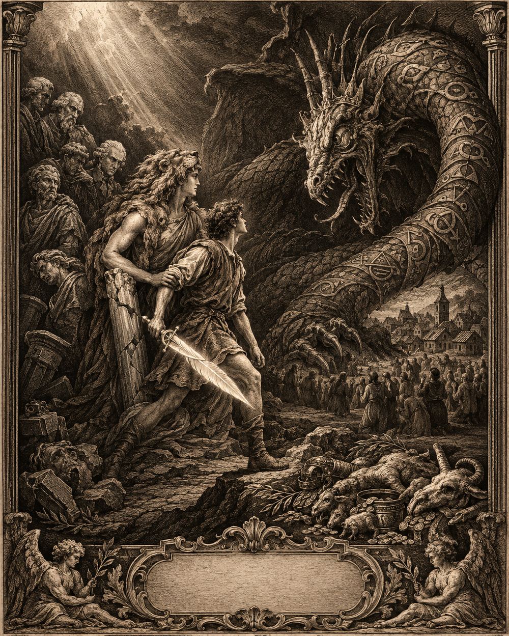 Grabado alegórico: un joven vestido con una piel de león y armado con una espada en forma de pluma se enfrenta a un dragón coronado que se cierne sobre una aldea encogida de miedo; detrás, en la penumbra, los filósofos que lo intentaron antes.