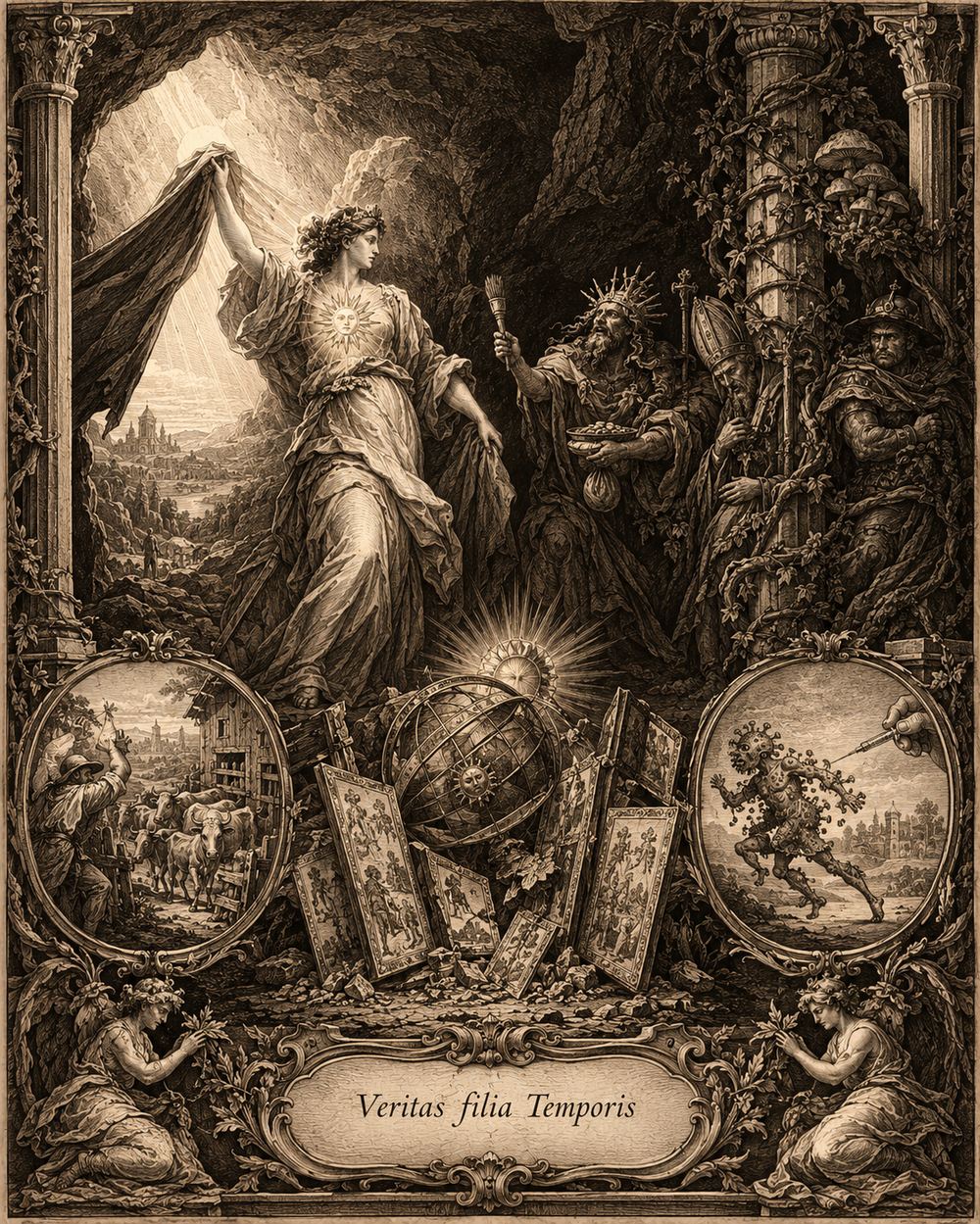Grabado alegórico: la Verdad, con un sol en el pecho, levanta un velo y deja entrar la luz mientras un falso rey-dios, un sacerdote y un déspota enredados en hiedra huyen del resplandor; al pie, el lema «Veritas filia Temporis».